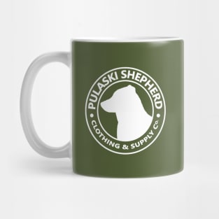 Pulaski Shepherd Clothing & Supply Co. in White on Olive Mug